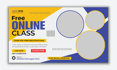 Free online class thumbnails, Open for free registrations, web page cove banner template Vector design.