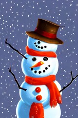 A cute snowman made out of snow is sitting in a field of snow.