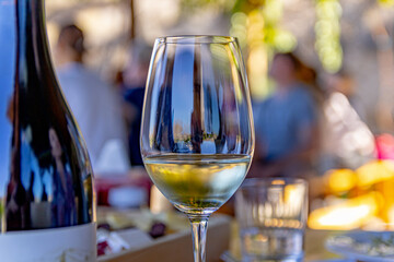 Tasting at the vineyard. A glass of white wine. Close-up. Soft focus