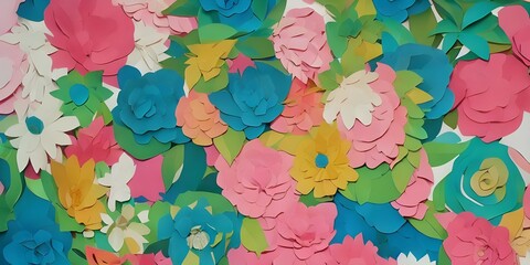 I am looking at a piece of art that is made up of colorful paper flowers. The design is intricate, and the overall effect is beautiful and eye-catching.