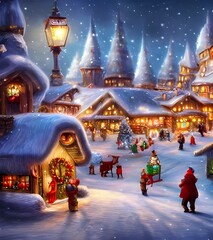 The snow is falling gently over the winter christmas village, covering the rooftops and trees in a blanket of white. The villagers are all bundled up in their coats and scarves, going about their busi