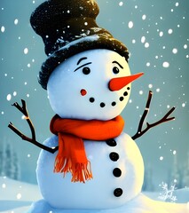 A cute snowman sits in the snow, looking up at the sky with a happy expression. His round body is made of soft, white snow, and he has two black buttons for eyes. His carrot nose sticks out from his