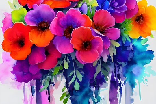 This is a beautiful watercolor flower bouquet. The flowers are in shades of pink, purple, and blue. They are arranged in a vase with green leaves and stems. The background is white.