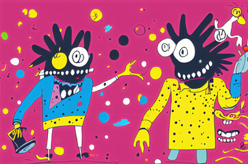 Two friends or couple at a party crazy happy cartoon illustration