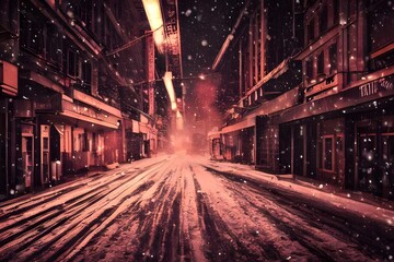 The city street is bustling with people walking to and fro, their shadows lengthening in the winter evening. The air is cold and crisp, carrying the sound of laughter and conversation. Streetlights ca