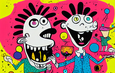 Two cartoon characters drunk drinking party cartoon illustration