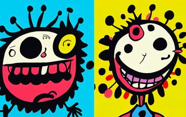 Two happy characters cartoon illustration bright colors