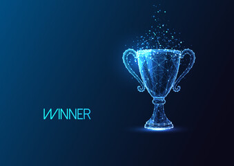 Futuristic champion trophy cup in glowing low polygonal style isolated on dark blue background - obrazy, fototapety, plakaty