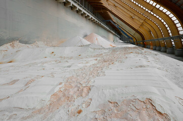 Piles of chemical fertilizers stored at production plant