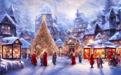 The winter christmas village is a beautiful sight. The snow is lightly falling and the houses are all decorated with lights and wreaths. The villagers are out and about, enjoying the holiday season.