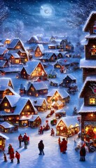 The houses in the village are all covered in snow, and icicles hang from the rooftops. In the center of the village is a big Christmas tree, decorated with lights and baubles. Villagers are milling ab