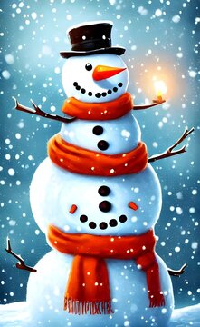 In the picture, there is a snowman that appears to be made out of fresh, powdery snow. The snowman has two big black buttons for eyes and a carrot nose. Its mouth is curved into what looks like a