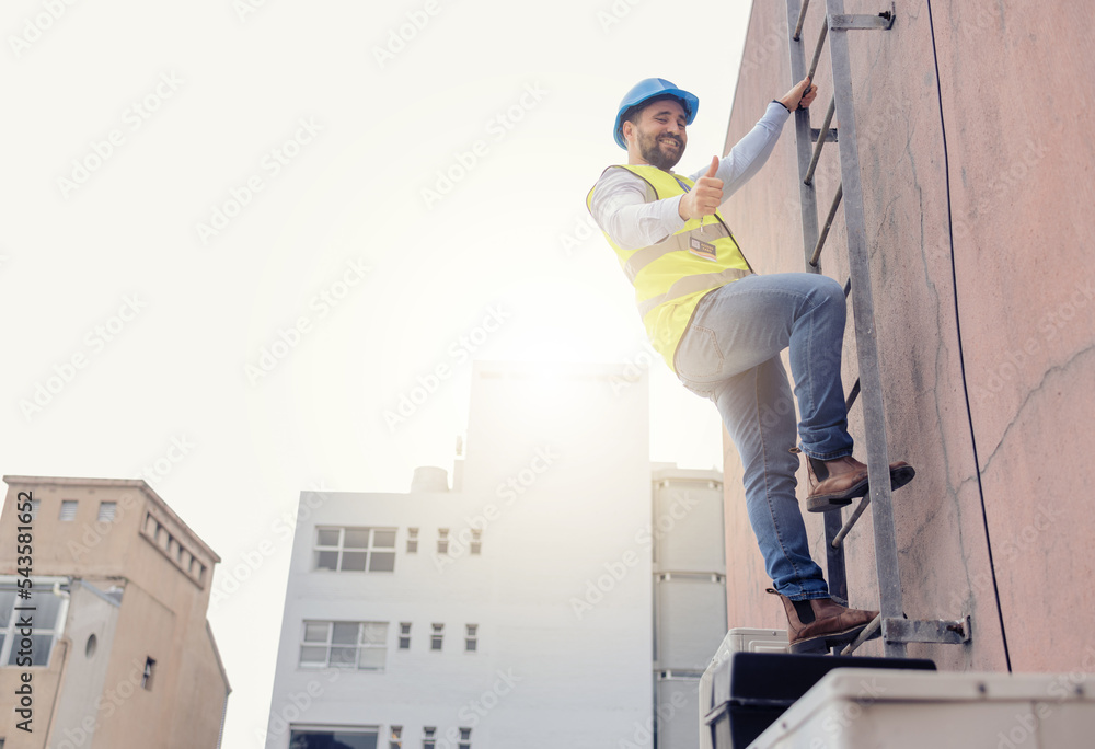 Poster engineer, ladder and thumbs up with man climbing on a building during construction inspection. agree