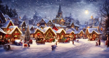 The winter christmas village is a beautiful and festive scene. The houses are blanketed in snow, and the trees are decorated with twinkling lights. The villagers are busy preparing for the holiday sea - obrazy, fototapety, plakaty