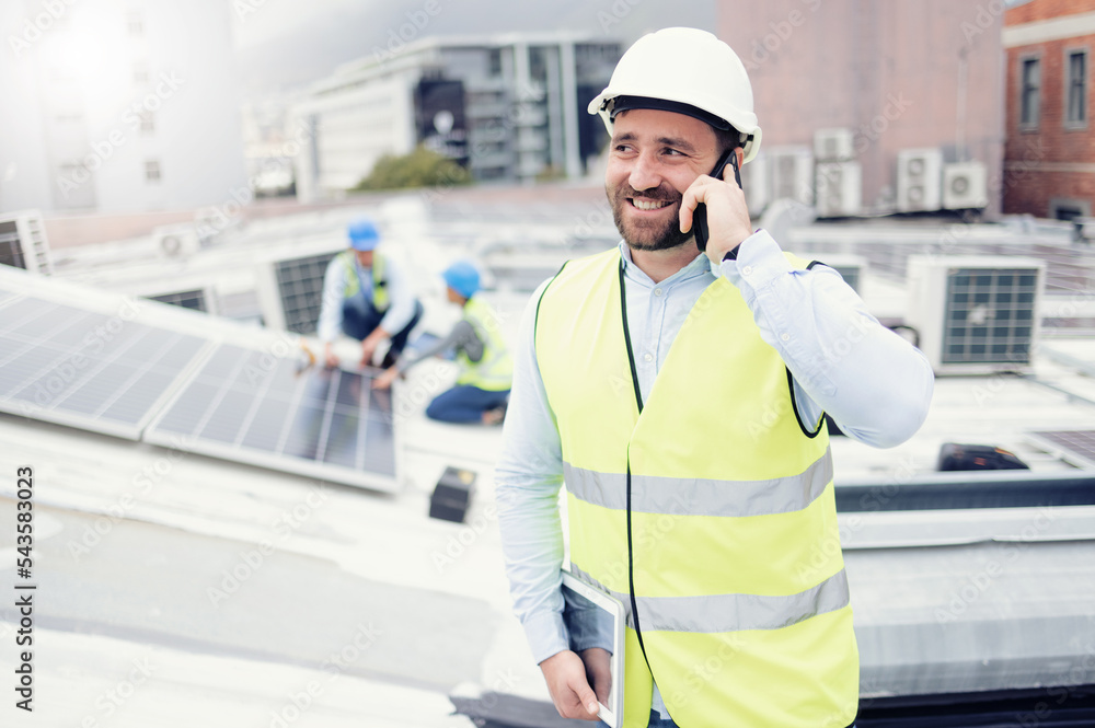 Poster builder, solar panel and construction man and phone call for communication and building project. con