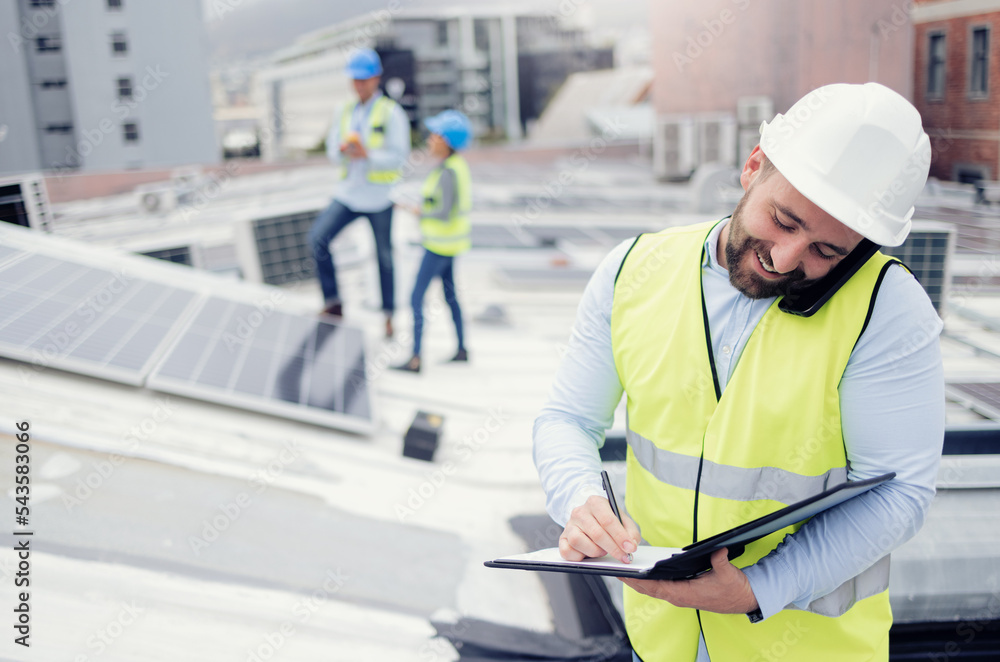 Poster construction, phone call and businessman writing checklist during building inspection on the roof. e