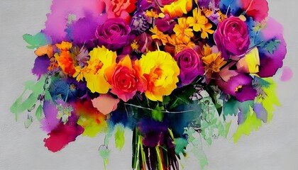 A watercolor flower bouquet is made up of many different colors. The flowers are all different shades of pink, purple, and white. They are arranged in a mason jar with small pieces of greenery through