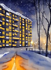 The watercolor apartment buildings are a beautiful sight against the winter nighttime sky. The stars shining bright above them make them look even more magical.