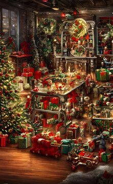 The Christmas toy factory is a beehive of activity. elves are busily wrapping presents, while others are painting dolls and carving wood into cars. The air is filled with the smell of gingerbread and 