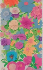 Zelfklevend Fotobehang A piece of white construction paper is cut into a spiral and wrapped around a pencil. The end of the paper is glued to the center of the flower. Different colors of tissue paper are cut into small squ © dreamyart