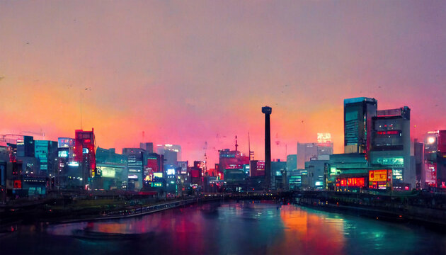 Osaka Japan Cityscape Night with stunning sky