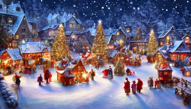 The snow is falling gently on the houses and trees of the winter christmas village. The air is crisp and fresh, and the scent of pine needles fills the air. Icicles hang from rooftops and branches, gl