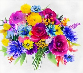 The watercolor flower bouquet is beautiful. The flowers are a mix of pink, purple, and white. They are arranged in a vase that has green leaves around it.