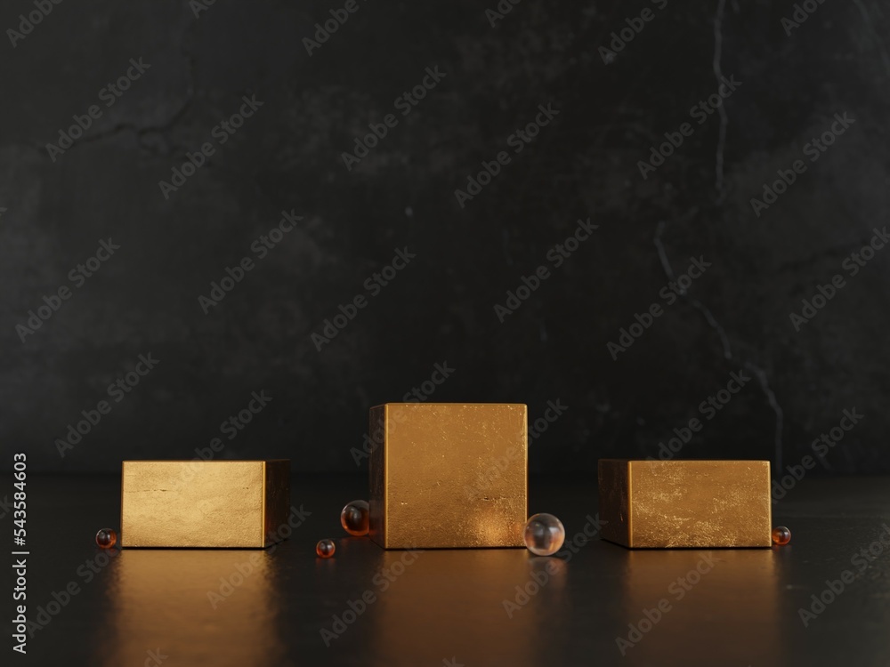 Poster gold texture cube podium on black background. 3d rendering