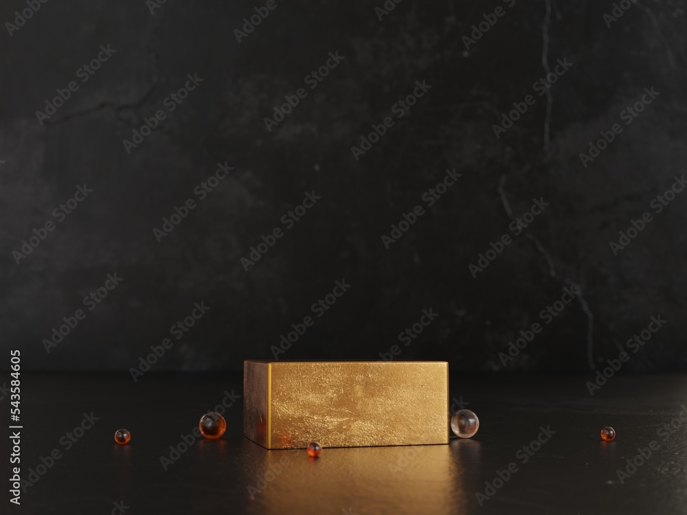 Poster gold texture cube podium on black background. 3d rendering