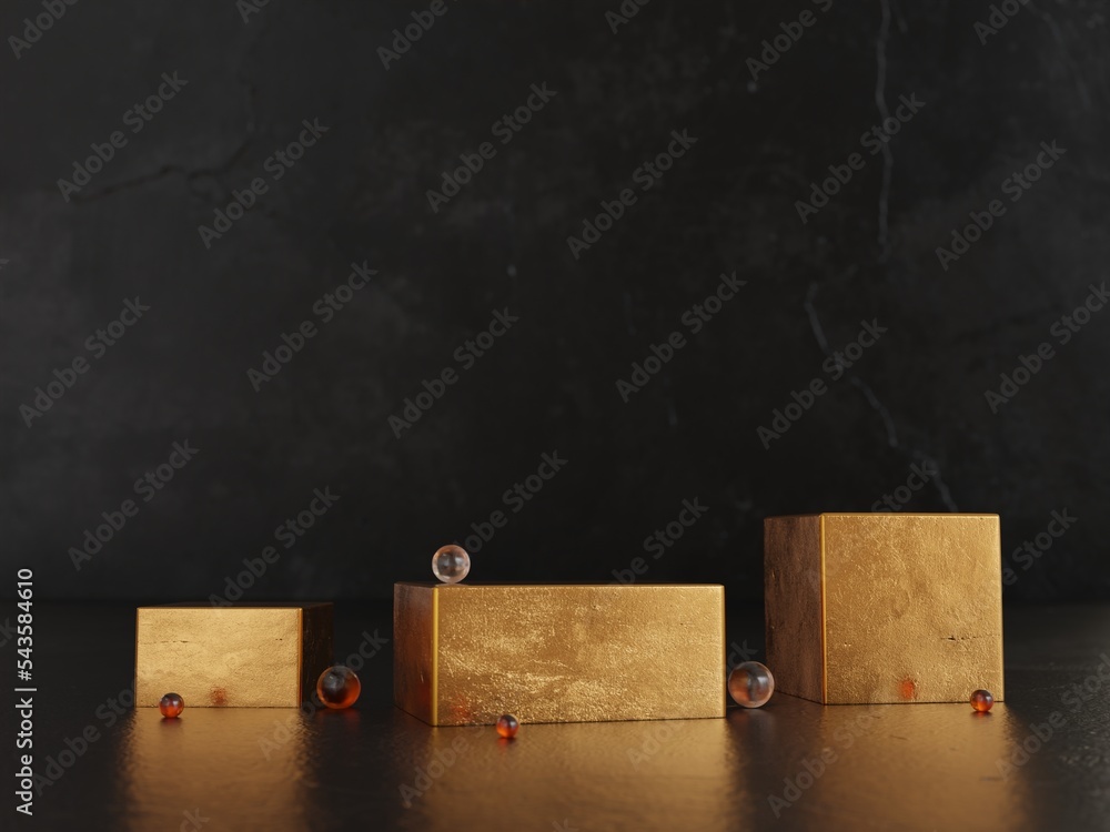 Poster gold texture cube podium on black background. 3d rendering