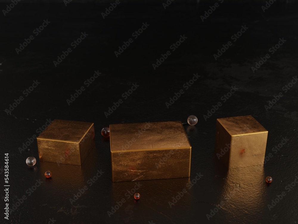 Poster gold texture cube podium on black background. 3d rendering