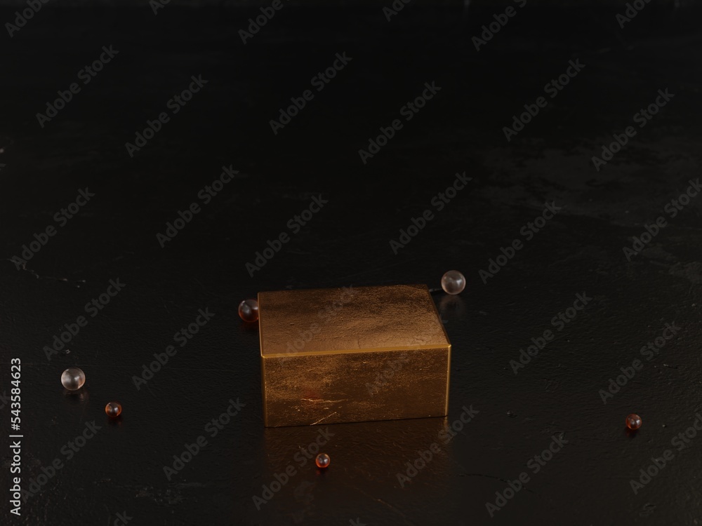 Poster gold texture cube podium on black background. 3d rendering