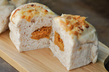 bun or bread with pork stuffed or dried pork bread, dried shredded pork bread