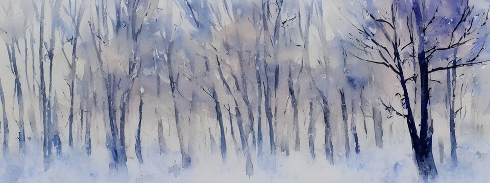 The watercolor winter forest is a beautiful and serene scene. The trees are tall and slender, reaching up towards the sky. They are covered in a blanket of snow, which glistens in the light. The air i © dreamyart
