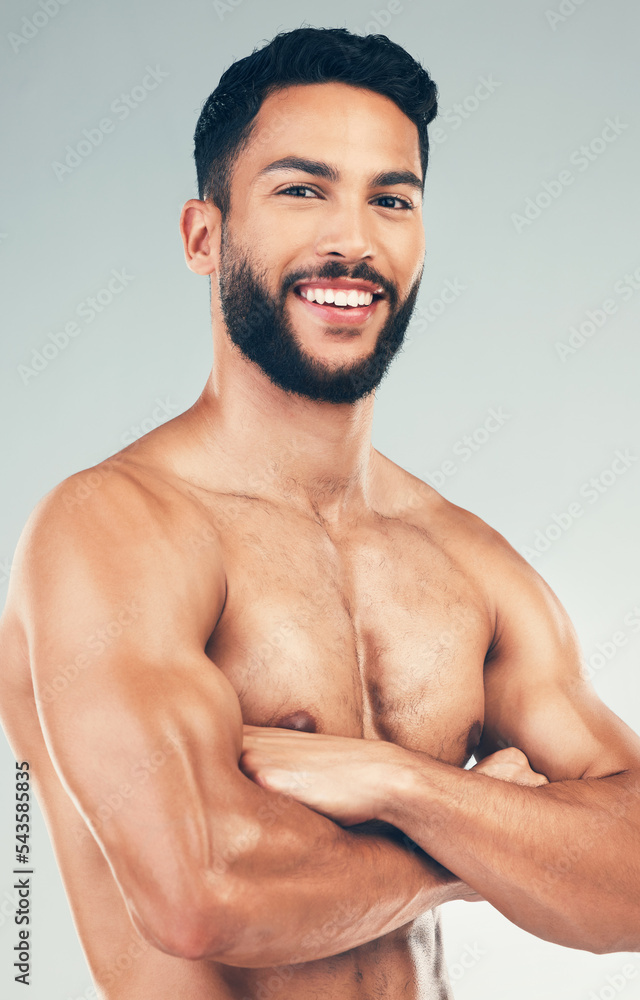 Poster Fitness, health and man with a smile, muscle and power after exercise, training and workout for health and wellness motivation. Portrait of bodybuilder and strong and healthy .aesthetic sports model