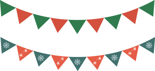 Obraz premium Christmas vector triangle bunting flags in green and red colors for invitations and greeting cards.