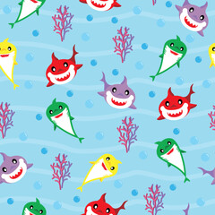 colorful shark seamless repeat pattern, animal sea background
