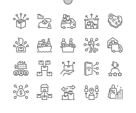 Distributor. Business management process. Export, cargo ship, delivery. Pixel Perfect Vector Thin Line Icons. Simple Minimal Pictogram