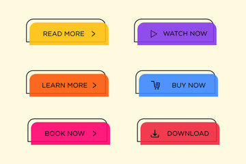 Modern trendy flat button vector set. Different color of main shape and icon with black outline frame