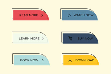 Modern trendy flat button vector set. Different color of main shape and icon with black outline frame