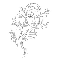 Woman Head with Leaves and Flowers Vector Abstract Line Art Drawing. Style Template with Female Leaves Face. Woman Face Modern Minimalist Simple Linear Style for Beauty Fashion Design