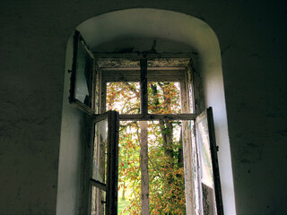 Old arched window with broken glass looking out to autumn chestnut tree