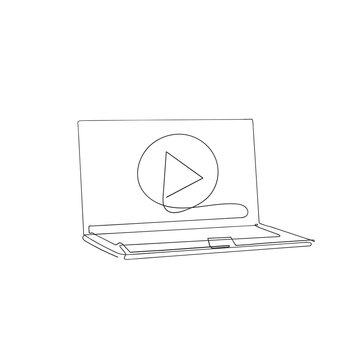 continuous line drawing laptop with play button symbol illustration vector