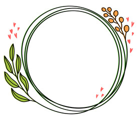 Green leaves. Natural round frame. Hand drawing leaf