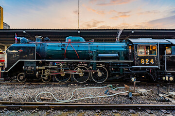 Steam train at Hua Lamphong station in Bangkok Thailand.