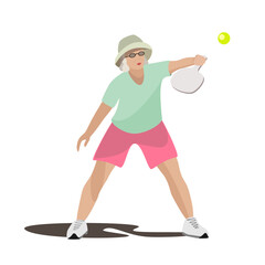 Vector illustration of a pickleball game. Woman of retirement age plays pickleball. An elderly woman and sports. 