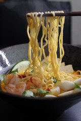 Singapore Laksa Instant Noodle Soup With Shrimp, Fish Balls, Fried Tofu, Cilantro, Thai Chili, Lime, Closeup
