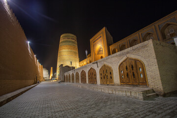 The city citadel of Khiva at night.