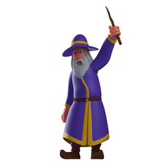 3D illustration. 3D Witch character cartoon raising her wand. showing an angry facial expression. wearing a cool conical hat. 3D Cartoon Character