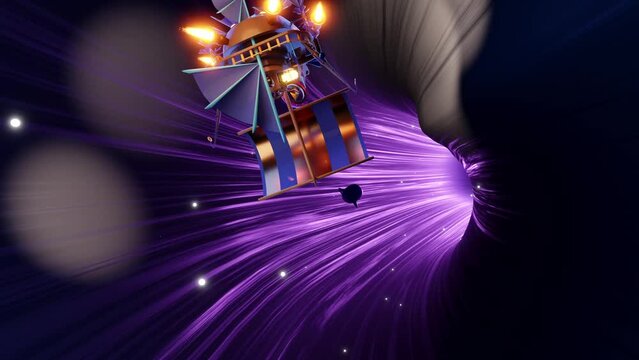 Steampunk airship and whale flying in hyperspace tunnel,  purple light streaks high speed, travel across dimensions, time, loop 3d animation